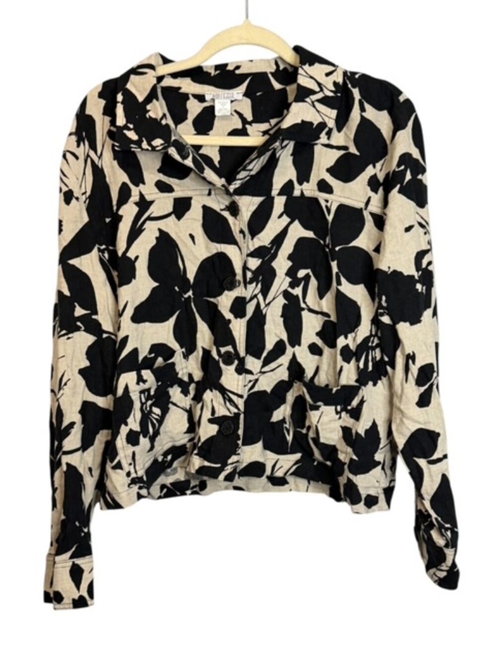 Dolcezza Blouse Women's XL Linen Blend Floral Abstract Tan Black